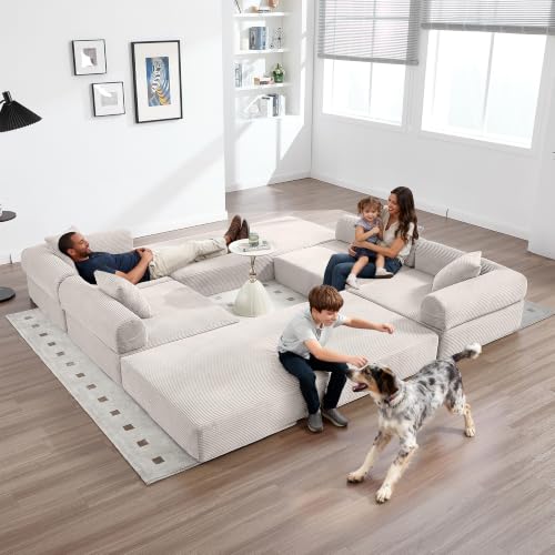 L-Shape Modular Sectional Sofa Bed, Corduroy Boneless Couch, Beige White | Boneless Couches for Living Room, Sleeper Futon Sofa Bed, Modular Couch with Storage, Pull Out Couch, No Assembly Required - color: Beige White
