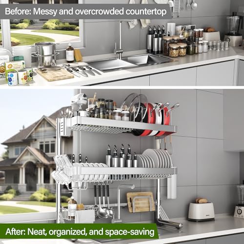 Over The Sink Dish Drainer Drying Rack 3 Tier, Full Stainless Steel Dish Drying Rack Adjustable Length 20.9''-37.4'' , Kitchen Sink Shelf, Organized Space-Saving Dish Rack with Pots and Pans Rack - color: Silver, size: 3 Tier with Pots and Pans Rack