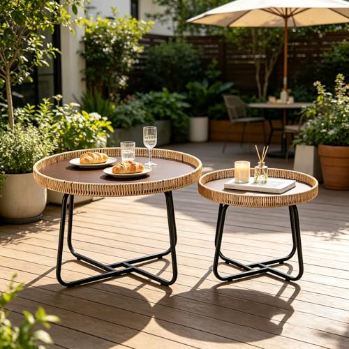 Round Woven Nesting Table, Wicker Coffee Table and Side Table Set of 2 | Metal Legs, for Living Room\ Outdoor\ Bedroom\ Office\ Balcony\ Patio, with Lip on Top