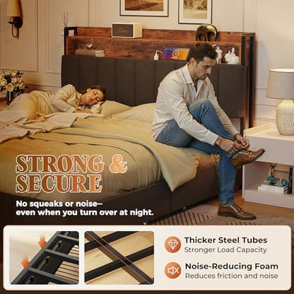 Bed Frame Queen Size with Upholstered Headboard & Charging Station, Queen Bed Frame with 4 Storage Drawers, 2-Tier Open Shelves, No Box Spring Needed, Slient Foam Strip, Easy Assembly, Black - color: Rustic Brown and Black, size: Queen