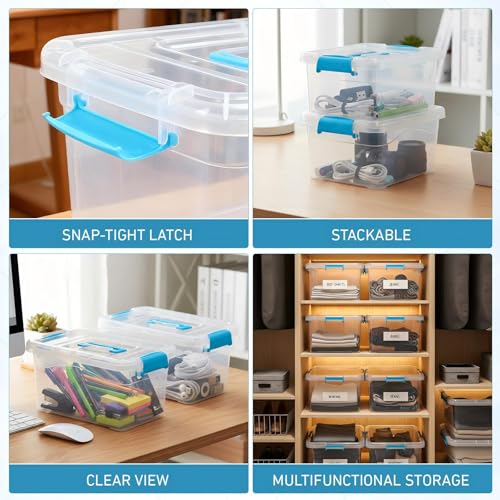 Jetec 8 Pack Clear Plastic Storage Container Bins with Lids 6.5 Qt with Blue Handles, PP Material Storage Containers, Stackable Organizer Bins for Home Office Supplies, 11.02 x 7.48 x 6.02''