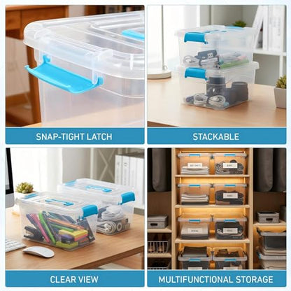 Jetec 8 Pack Clear Plastic Storage Container Bins with Lids 6.5 Qt with Blue Handles, PP Material Storage Containers, Stackable Organizer Bins for Home Office Supplies, 11.02 x 7.48 x 6.02''