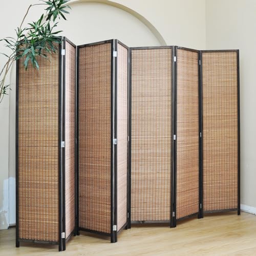 7 Panel Bamboo Room Divider - 5.6 ft Tall Folding Privacy Screen, Natural Brown Freestanding Partition Wall for Home Office & Room Separation (67" H x 107.5" W) - color: Brown, size: 7 Panel