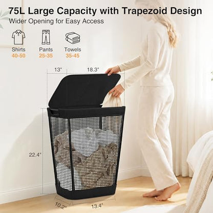 STO STO 75L Laundry Hamper with Lid, Black Clothes Hamper with Handles, Breathable Vinyl Mesh Laundry Basket, Sturdy Steel Frame, Space Saving Laundry Bin for Bathroom, Bedroom, Dorm, Small Spaces