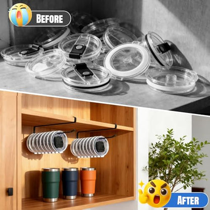 2 Pack Tumbler Lid Organizer, No Adhesive or Drilling, Kitchen Space Saver | Versatile Cup & Water Bottle Lid Holder, Under Cabinet Storage, Black - style: 2 Pack, Black