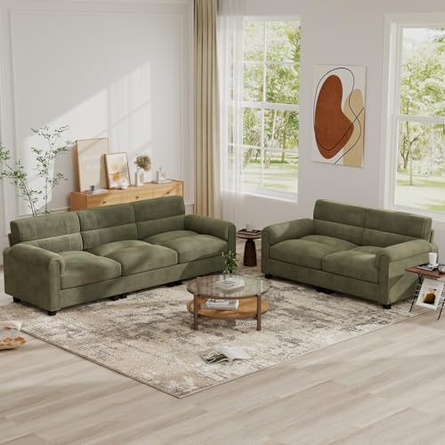 Bonzy Home Corduroy Couch Sets for Living Room, Green Loveseat Sofa & 3 Seater Couch with Overstuffed Cushion and Rolled Arms, Modern Furniture Set - color: Green, size: 2+3