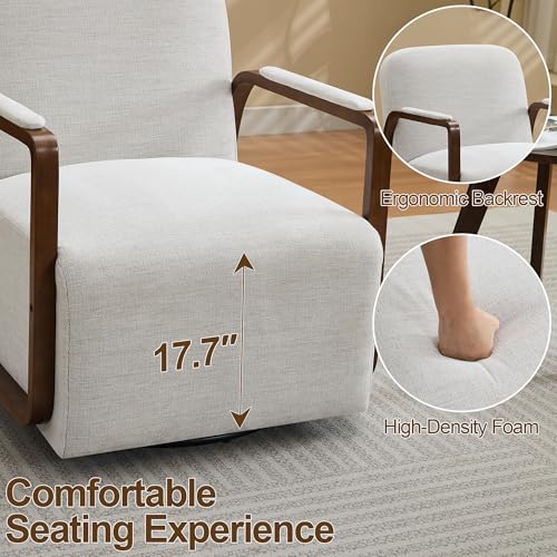 32" Swivel Accent Chairs Set of 2, Beige Chenille, Oversized Armchair | Upholstered Lounge Chairs with Wooden Armrests, 360° Rotating Metal Base for Living Room & Bedroom - color: Beige, size: 2 Pack