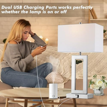 gernehop Silver Table Lamps Set of 2 with Dual USB Ports,3-Way Dimmable Touch Control Bedside Lamps,Modern Bedroom Table Lamp for Living Room,Nightstand LED Bulbs Included - color: 22Inch Silver