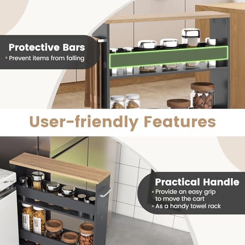 MAT EXPERT Slim Rolling Storage Cart, 4-Tier Freestanding Slim Storage Cart with Wheels 360 Degree & Metal Handle, Wooden Utility Cart for Narrow Kitchen, Laundry Room, Bathroom (Grey + Natural) - color: Grey + Natural