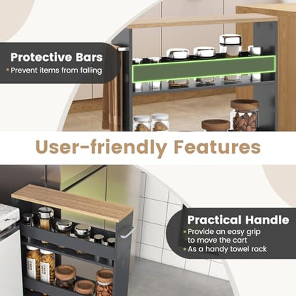 MAT EXPERT Slim Rolling Storage Cart, 4-Tier Freestanding Slim Storage Cart with Wheels 360 Degree & Metal Handle, Wooden Utility Cart for Narrow Kitchen, Laundry Room, Bathroom (Grey + Natural) - color: Grey + Natural
