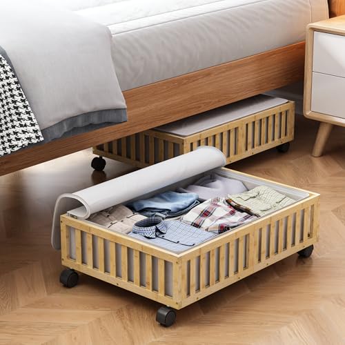 MHXW SXPN 2 Pack Bamboo Under Bed Storage Containers with Wheels, Nature | Underbed Drawer Storage with Bag, Wood Rolling Underbed Organizer for Shoes, Sheets Clothes Blanket Comforter, Under Crib Toy - color: Nature, size: 2 PCS (23.62"×16.54")