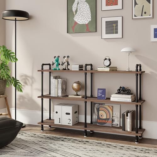Industrial Bookshelf, Pipe Shelf Bookcase, 3 Tier, 60" Weathered Brown | Solid pine shelves, 60 inch wide, black pipe frame, 70 lbs per shelf, open bookcase for books, plants, office - color: Weathered Brown, size: 60"L × 39"H