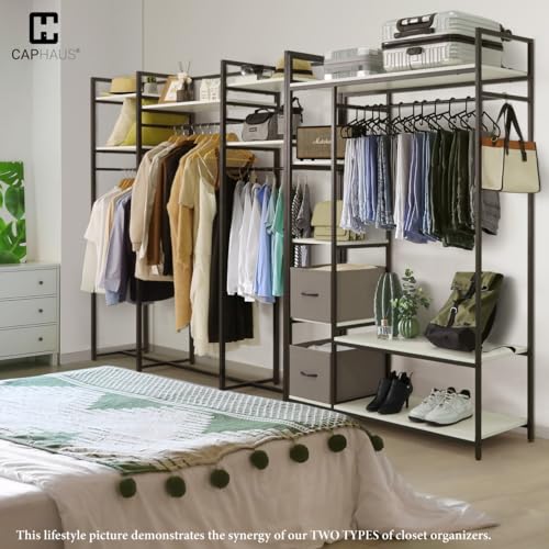CAPHAUS 913lbs Capacity Heavy Duty Clothing Rack, 75" W Metal Garment Rack with Drawers Hanging Rods and Wood Shelves, Freestanding Closet Organizer, White Board - color: White, size: 75 Inch