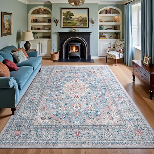 Blue Washable Vintage Non Slip Area Rug, 8x10 Boho Floral Living Room Rugs, Soft Low Pile Indoor Mat, Aesthetic Pattern Carpet for Bedroom Kitchen and Dining Room - color: Blue, size: 8' x 10' (Rectangular)