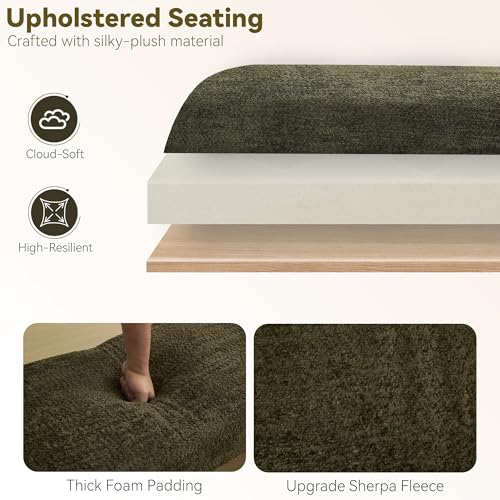 Upholstered Entryway Bench, 58.7" Modern Bedroom Bench, Green | Sherpa Fleece, Curved Armrests, Solid Wood Frame, End of Bed, Bedroom, Living Room, Hallway - color: Green-sherpa, size: 58.7"