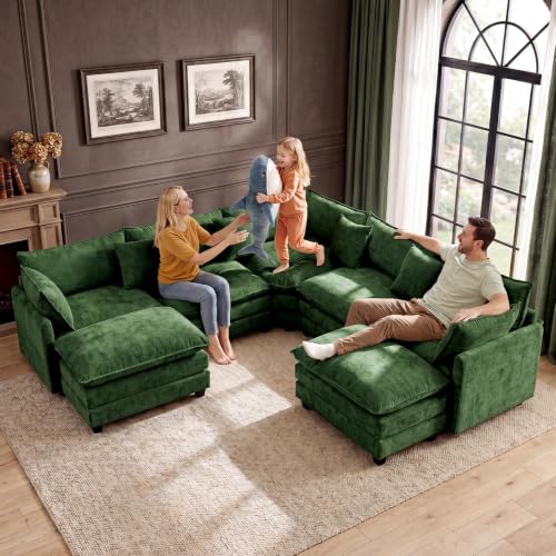 110" Modular Sectional Cloud Sofa Couch V Shape with 2 Ottoman, Green | 3 Layer Cushion, 6 Washable Pillows, 29" Deep Seat, Chenille Fabric, for Living Room Apartment - color: Green, size: 110"V-2