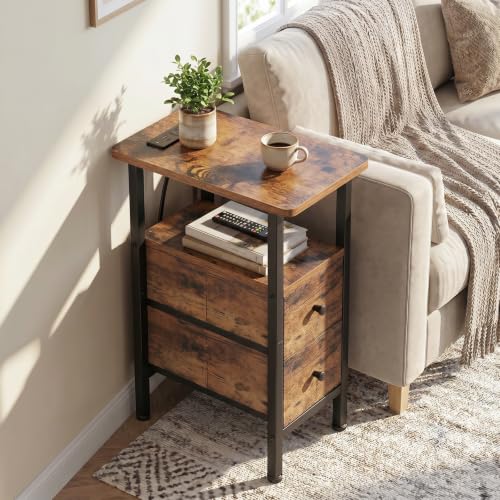 Narrow End Table with Charging Station, Small Nightstand | Skinny Side Tables Living Room with 2 Fabric Drawers, Slim Bedside Table for Bedroom, Small Spaces, Couch, Rustic Brown - color: Rustic Brown, size: 23.22''H (2 Drawers), style: Power