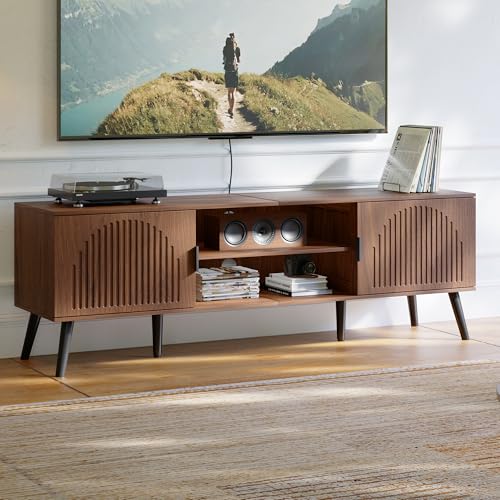 ChooChoo TV Stand with Open Shelves for 65 Inch TVs, Mid Century | 15.7"D x 59.1"W x 19.4"H, Entertainment Center with Storage Cabinet, 2 Cable Holes, for Living Room, Bedroom, Walnut - color: Walnut, size: 15.7"D x 59.1"W x 19.4"H