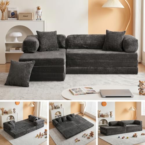 6-in-1 Boneless Couches L-Shaped Modular Sectional Sofa | Cloud Couch Sectional & Tri-Folding Mattress | Corduroy Pet-Friendly Convertible Sofa Bed with 800LB Capacity Apartment, Guest Room - color: Grey 2