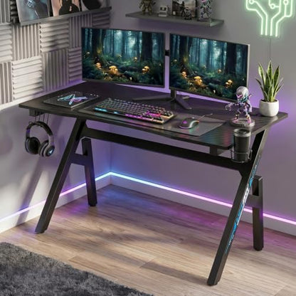BestOffice | 47" Gaming Table | Black & Blue | R-Shaped Computer Desk | with Steel Frame, Headphone Hook, Adjustable Feet | Carbon Fiber Texture| Easy to Clean | for Gaming, Home Office - color: Black&blue, size: 47 Inch R Shaped
