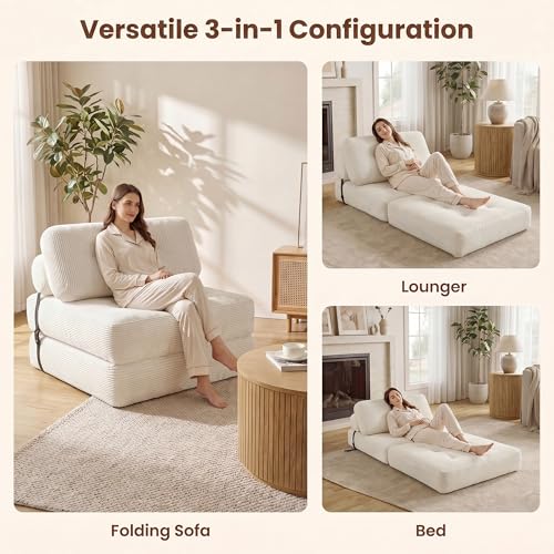 COSTWAY Folding Sofa Bed with Pillow, Convertible Couch (Beige) | with Backrest & Fixing Straps, Boneless Convertible Sleeper Chair for Adults, Guest Use, Living Room - color: Beige