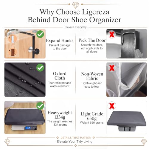 Ligereza Over the Door Shoe Organizer for 20-30 Pairs, 8-Tier, Black | Hanging Shoe Rack Holds Sneakers, Boots & Heels, Angled Pockets for Instant Access, Adjustable Hooks fit All Door Thicknesses