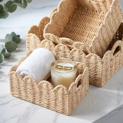 Scalloped Wicker Baskets Set of 3, Hand-Woven Storage with Handles | set of 3 beige scalloped baskets with handles. Hand-woven paper rope for shelves, bathroom or closet. Stackable, sturdy. - color: Beige