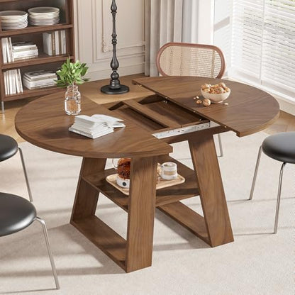 43.3"-59" Extendable Round Oval Dining Table for 4-8 with Storage Shelf | Modern Kitchen Oval Dining Table with Removable Leaves,Space Saving Extendable Table Wood Base for Kitchen Living Room Walnut - color: Walnut Style 2