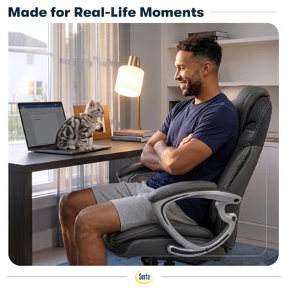 Serta Bryce Executive Office Chair - Ergonomic Computer Desk Chair with Patented AIR Lumbar Technology - Adjustable Height - Memory Foam Body Pillows - 360° Swivel Rolling Base - Bonded Leather - Gray - color: Grey