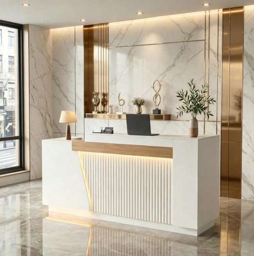 63" Modern Front Desk Reception Counter,Commercial Reception Room Tables with Built-in Outlets,Combination Lock Drawers, LED Lights for Office Beauty Salon Retail Store,White - color: Right-white, size: 63''L x 26''W x 41.34''H