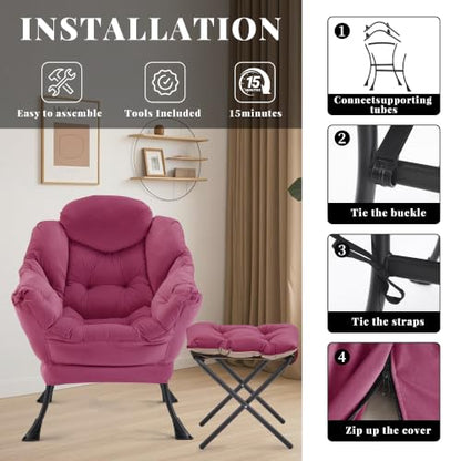 Lazy Chair with Ottoman, Comfy Reading Chair, Burgundy | Cushioned Seat with Foldable Ottoman and Side Pocket, Lounge Chair for Bedroom, Living Room, Dorm and Small Spaces - color: Burgundy