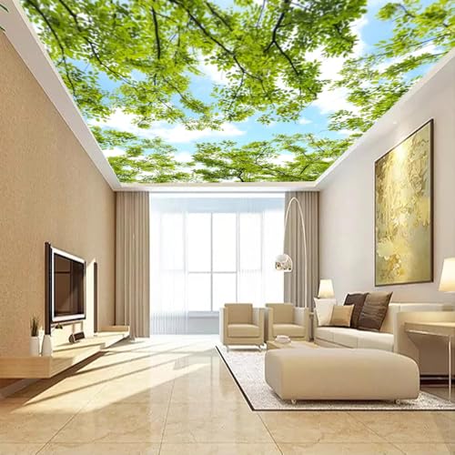 Ceiling Peel and Stick Wallpaper Forest Theme Sky Green Leafy Mural | Cloud Ceiling Murals Sky Wallpapers, Size Peel and Stick 110" W x 80" H - color: Mural 10, size: 110" x 80"