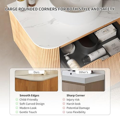24” Floating Bathroom Vanity with Sink, Fluted Wall-Mounted Solid Wood Cabinet, Marble-Pattern Ceramic Round Basin, Faux Marble Top, Soft-Close Drawer, Pre-Assembled, Natural Woodgrain - color: 01 - Natural Woodgrain, size: 24"