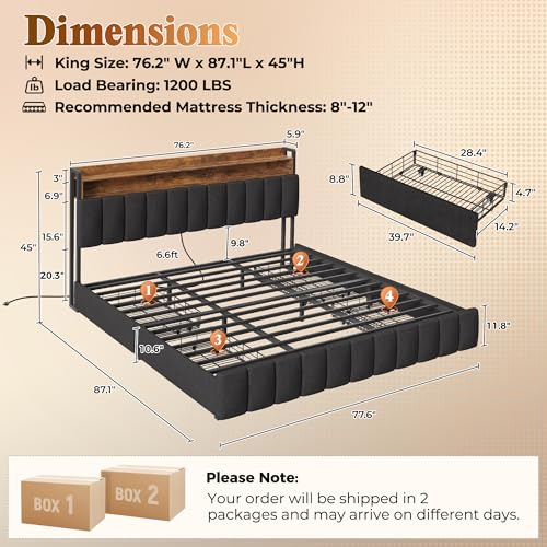 Bed Frame King Size with Upholstered Headboard & Charging Station, King Bed Frame with 4 Storage Drawers, 2-Tier Open Shelves, No Box Spring Needed, Slient Foam Strip, Easy Assembly, Black - color: Rustic Brown and Black, size: King
