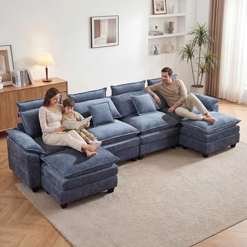 134'' U Shaped Sectional Couch, Cloud Deep Seat Sofa Couch with 2 Ottoman, Detachable Headrest, Oversized Modular 5 Seater Sofas for Living Room, Blue - color: Blue, size: U Shaped Couch