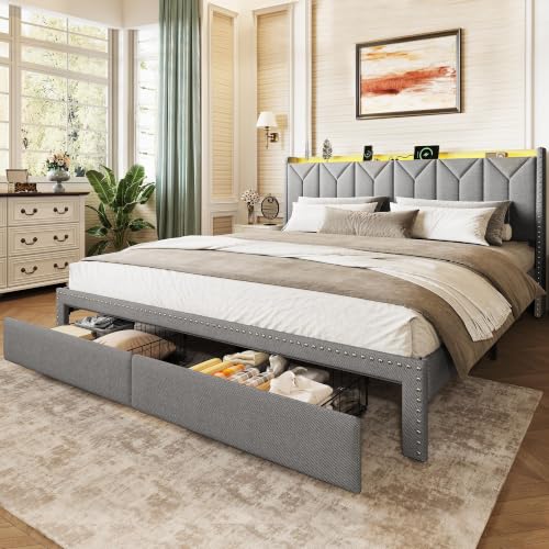 WLIVE King Size Upholstered Bed Frame with 2 Drawers, Storage Headboard Platform Bed with Charging Station and LED Light, Sturdy Metal & Wooden Slats Support, No Box Spring Needed, Light Grey - color: Grey