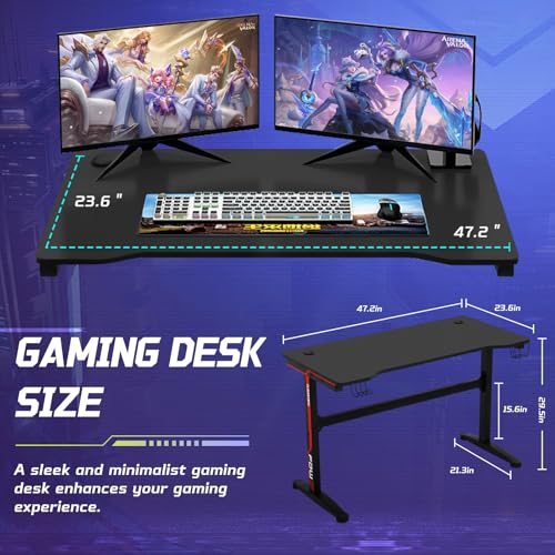 BLKMTY Gaming Desk, 47 Inch Computer Desk with Carbon Fiber Surface, Gaming Table T Shaped PC Gamer Workstation Home Office Desks with Cup Holder and Headphone Hook, Red & Black - color: Red, size: 47.2" T-shaped