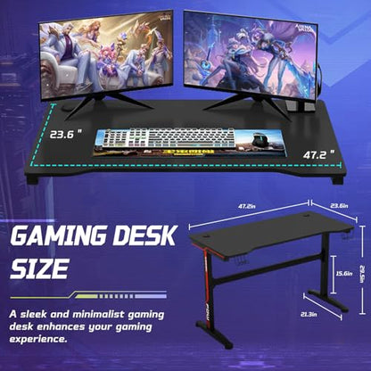 BLKMTY Gaming Desk, 47 Inch Computer Desk with Carbon Fiber Surface, Gaming Table T Shaped PC Gamer Workstation Home Office Desks with Cup Holder and Headphone Hook, Red & Black - color: Red, size: 47.2" T-shaped