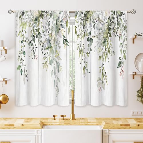 Farmhouse Wooden Eucalyptus Small Kitchen Curtains Watercolor Leaves Window Treatment Flower Floral Plant Botanical Cafe Short Curtains for Bathroom Dining Fall Tier Treatment Drape 26x30 inch - color: 02 Green, size: 26"W x 30"L (Pack of 2)