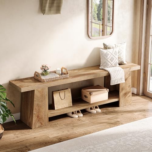 Tribesigns 2-Tier Entryway Bench, 59-Inch Extra Long Shoe Bench with Storage Shelves, Wood End of Bed Seat, Farmhouse Hallway Foyer Seat with Open Shelves for Entryway, Bedroom, Living Room, Natural