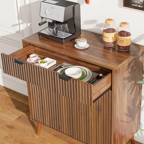 LYNCOHOME Fluted Sideboard Buffet Cabinet with Storage, 1 Drawers and 2 Doors,Solid Wood Feet for Kitchen, Hallway - size: 15.8"D x 31.5"W x 34.7"H