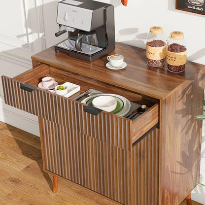 LYNCOHOME Fluted Sideboard Buffet Cabinet with Storage, 1 Drawers and 2 Doors,Solid Wood Feet for Kitchen, Hallway - size: 15.8"D x 31.5"W x 34.7"H