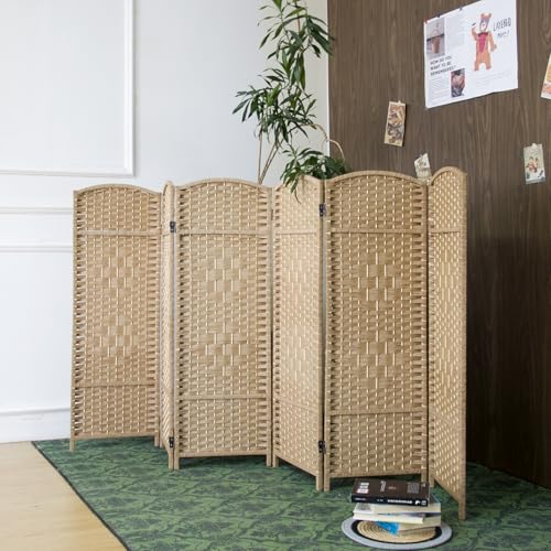 6-Panel Short Room Divider, 3.9 ft Freestanding Partition Wall, Light Brown Rattan Double-Sided Folding Screen for Living Room, Bedroom & Corner Privacy - color: Light Brown, size: 6 Panel