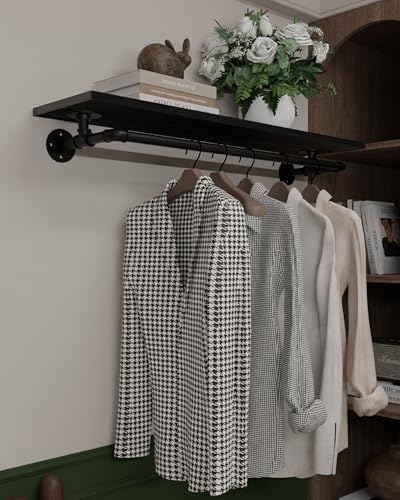Clothes Rack 42in, Wall Mounted Garment Rack with Real Black Wood Shelf, Heavy Duty Hanging Clothes Rack, Multi-Purpose Hanging Rod, Space-Saving Closet Storage - color: Black, size: 1T42IN
