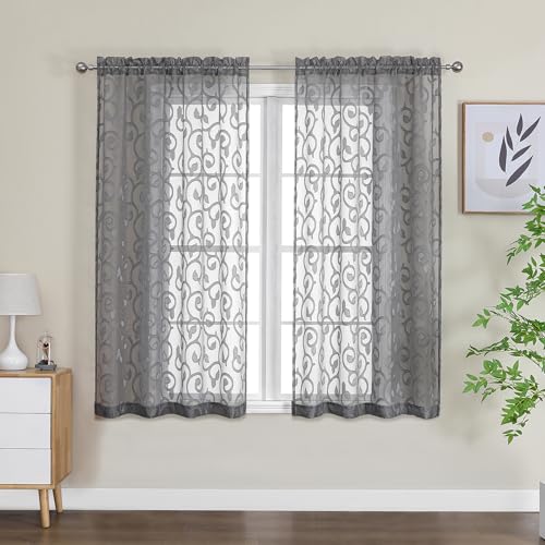 Furman Grey Sheer Curtains 54 Inch Length 2 Panels Set for Living Room Bedroom, Airy Jacquard Clip Short Curtains for Small Window, Modern Rod Pocket Bathroom Window Curtain Each 42W inch 54L - color: Charcoal Gray, size: 40"W x 54"L (Pack of 2)