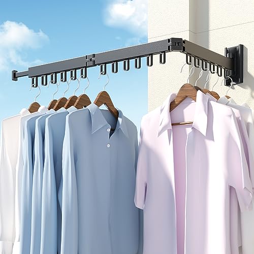 HEILAIYI Clothes Drying Rack,Laundry Drying Rack,Wall Mounted Clothes Rack,Laundry Rack Wall Mount,Folding Retractable Collapsible Drying Rack Clothing (Three-Poles,Loop Shape Hooks) - size: Black/Loop-Shape Hooks