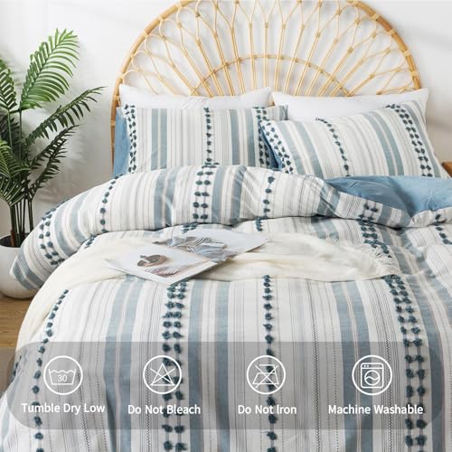 Washed Cotton Full Size Duvet Cover Set - Tufted Dots Boho Chic Bedding for All Seasons, Striped Bohemain Bedding Linen Like Textured Breathable Durable Soft Comfy (Blue, 89''x90'') - color: Blue, size: Full