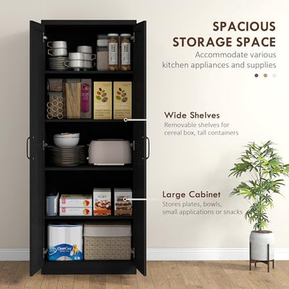 HOMCOM 63" 2-Door Kitchen Pantry 5-Tier Black Wood Grain | Freestanding Storage Cabinet, Shelving, 2 Adjustable Shelves, for Dining Room - color: Black