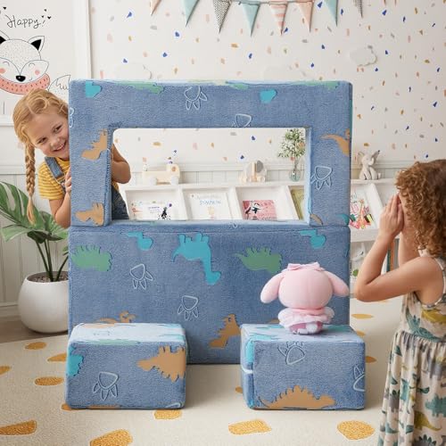 MeMoreCool Glow Modular Kids Couch, Dinosaur | modular foam seating, removable washable cover, dinosaur glow design, lightweight pieces, playroom furniture - color: Denim Dinosaur