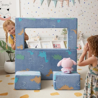 MeMoreCool Glow Modular Kids Couch, Dinosaur | modular foam seating, removable washable cover, dinosaur glow design, lightweight pieces, playroom furniture - color: Denim Dinosaur